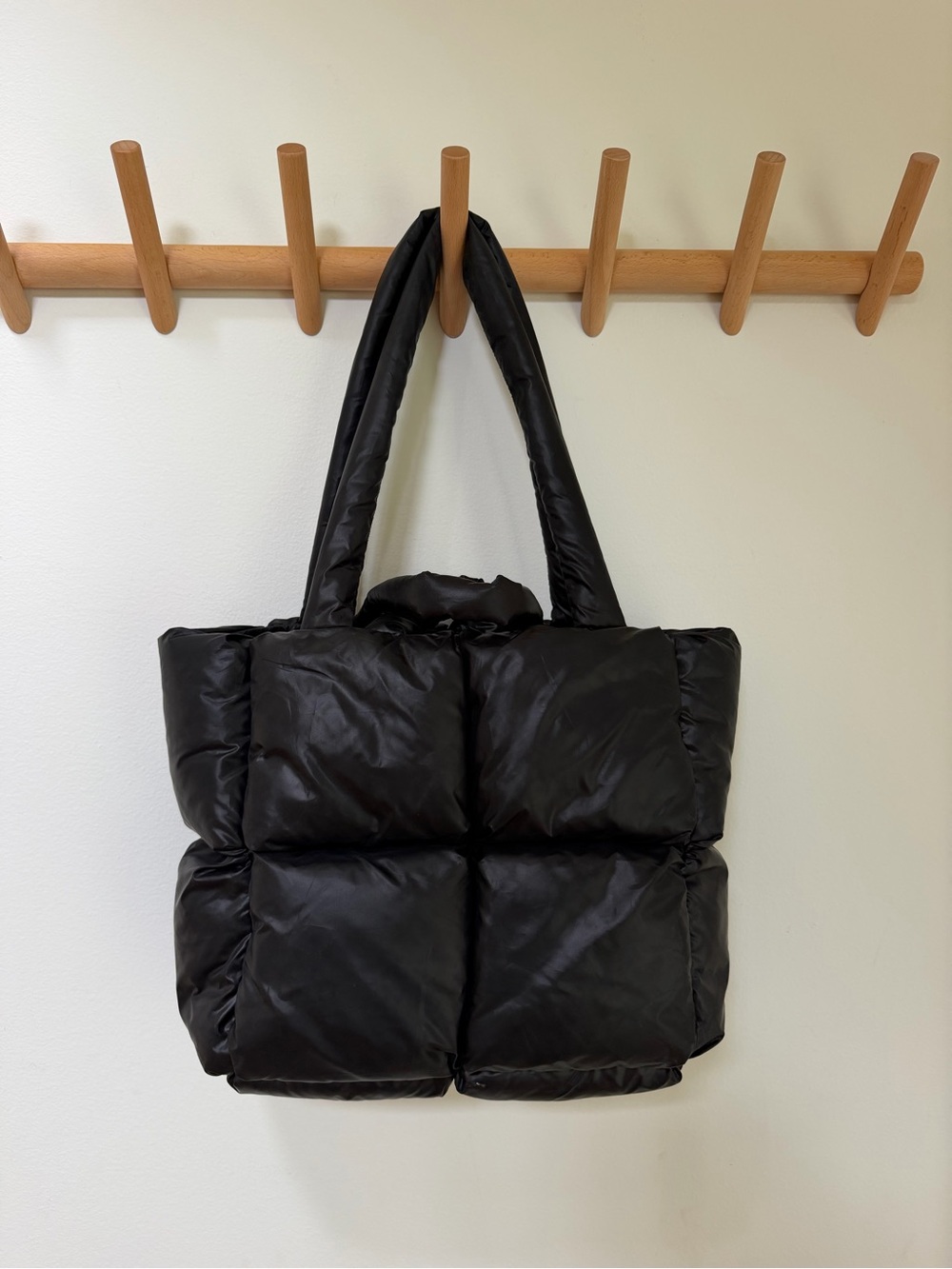 Black Puffer Tote with Zip Closure